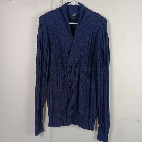 H&M Womens Navy Blue Ribbed Knitted Sweater Medium Twist Front Oversized Sleeves - Picture 5 of 9